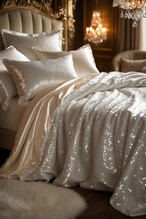 – Beyaz Saten Nevresim Takımı + Payetli Yatak Örtüsü Seti (6 Yastık Kılıflı Lüks Set)