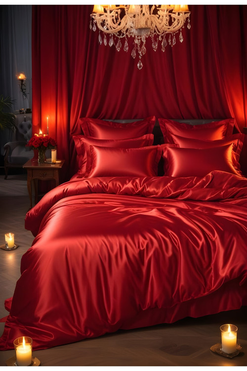 Saten Çift Kişilik Nevresim Takımı - Kırmızı