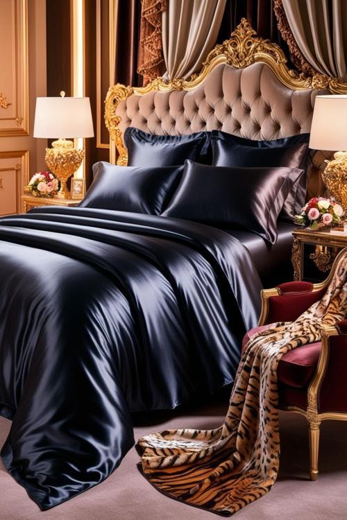 Saten Çift Kişilik Nevresim Takımı - Siyah