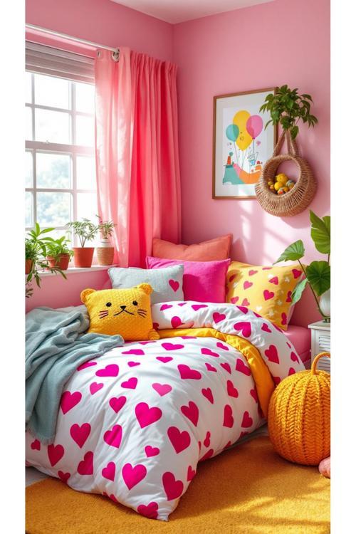 Pembe Kalp Desenli Tek Kişilik Nevresim Seti