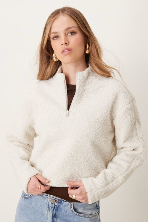 Sport Sherpa Half Zip Sweatshirt Kadın Yarım Fermuar Rahat Kesim Crop Polar Sweatshirt Bej
