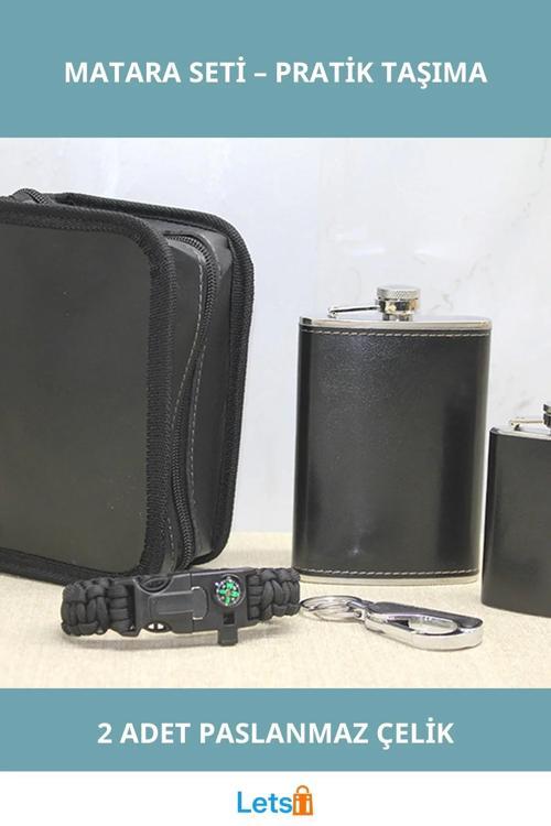 Kılıflı Paslanmaz Çelik Taşınabilir Matara Seti 2 Adet Deri Kılıf ile