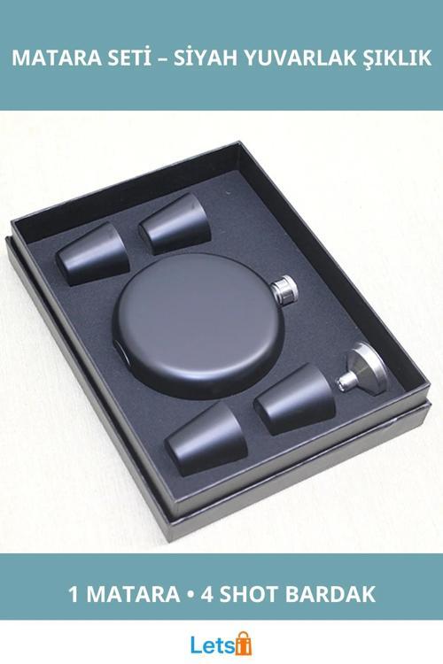 Paslanmaz Çelik Yuvarlak Siyah Matara ve 4 Shot Bardak Seti