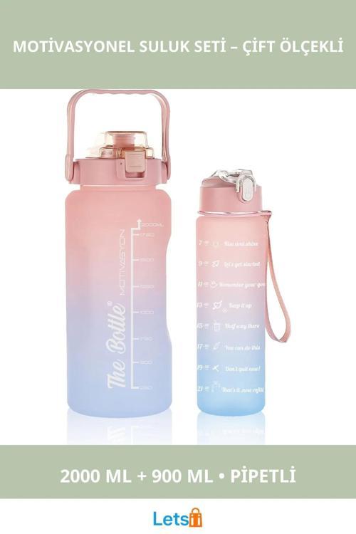 Motivasyonel Su Matarası 2000 ml ve 900 ml Pipetli