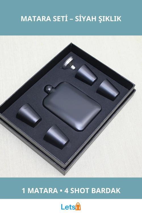 Şık Siyah Paslanmaz Çelik 4 Shot Bardaklı Matara