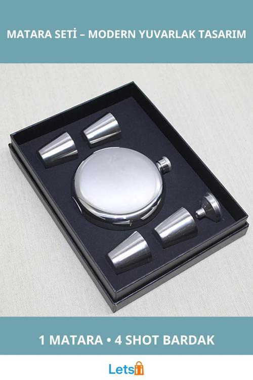 Yuvarlak Çelik Matara Seti ve 4 Adet Shot Bardak