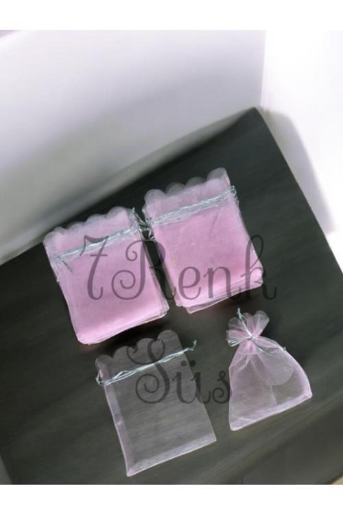 Kına Ve Çerez Kesesi,Tesbih Kesesi, 50 Adet Pembe Düz 12X14 Cm ,Desenli Tül Kese