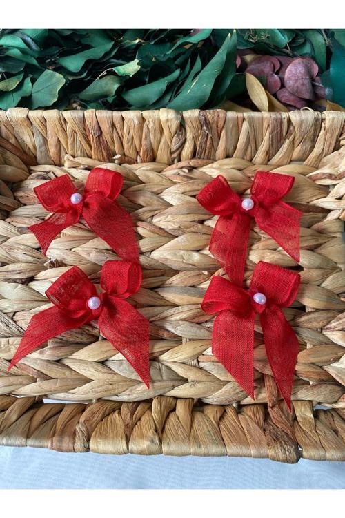 İncili Kırmızı Keten Kurdele Hazır Fiyonk -25 Adet