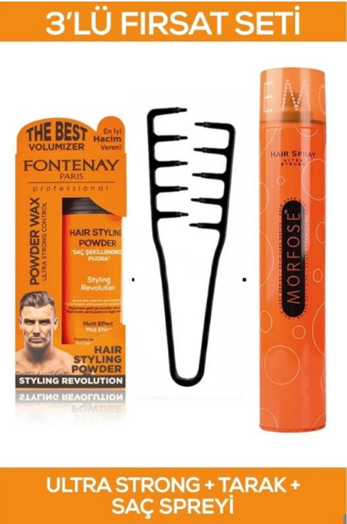 Saç Şekillendirici Pudra Toz Wax Ultra Strong + Mucizevi Şekil Tarağı + Saç Sprey 3'Lü Set