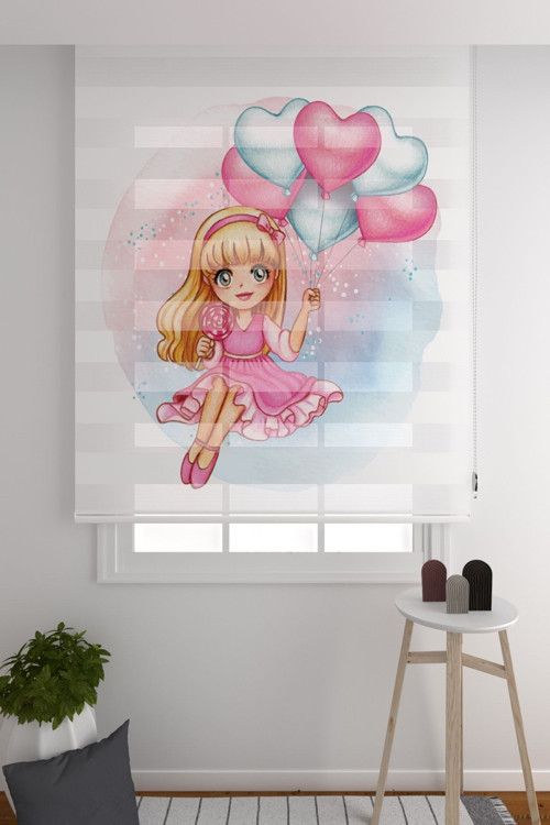 Zebra Perde Sevimli Kız Ve Uçan Balon Çocuk Odası Zebra Perde
