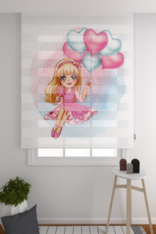 Zebra Perde Sevimli Kız Ve Uçan Balon Çocuk Odası Zebra Perde