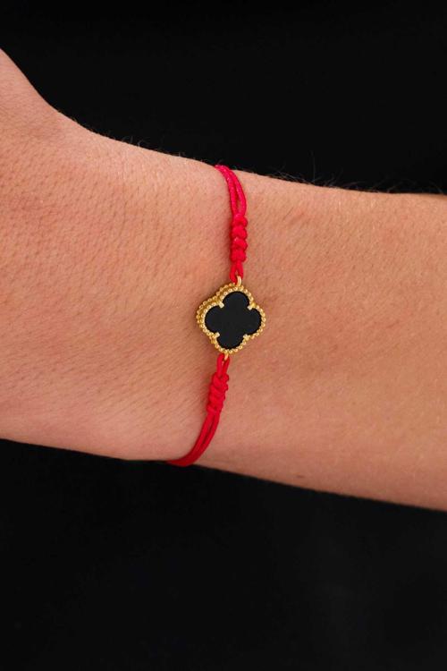 Işıltılı Yonca Şans Çiçeği Zarif Tasarım Siyah Renk Taş Ve İthal Kırmızı Renk İp Gold Gümüş Bileklik