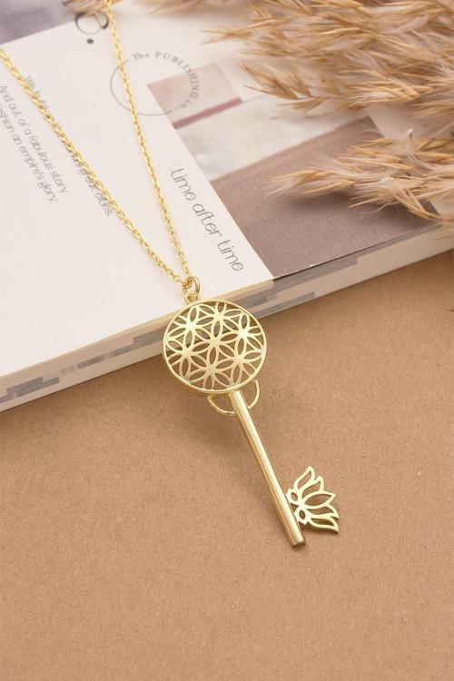 Lotus Ve Yaşam Çiçeği 925 Ayar Gümüş Tasarım Altın Kaplama Anahtar Kolyeler