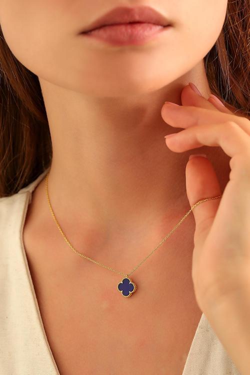 925 Ayar Gümüş Yonca Şans Model Lacivert Renk Taşlı 14 Ayar Altın Kaplama Kolyeler