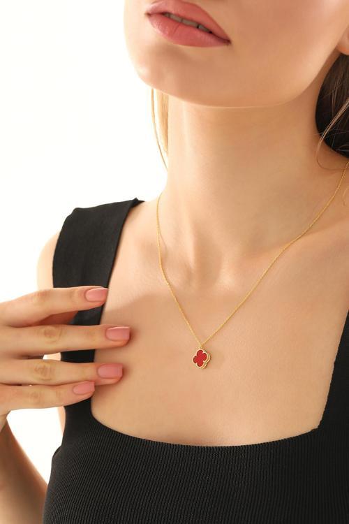 Yonca Şans Model Kırmızı Taşlı 14 Ayar Altın Kaplama (10 Mm) 925 Ayar Kolyeler