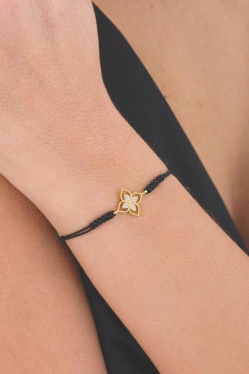 Prenses Çiçeği Tasarım Mikro Zirkon Taşlı İthal Paraşüt Siyah Renk Altın Kaplama İp Gümüş Bileklik