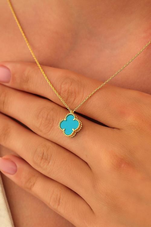 925 Ayar Gümüş Yonca Şans Model Turkuaz Renk Taşlı Tasarım 14 Ayar Altın Kaplama Kolyeler