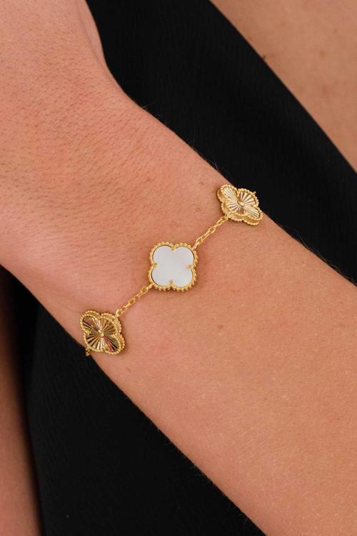 Yonca Şans Model 5 Motifli Beyaz Sedef Taşlı Ve Lazer Kalemli Tasarım Gümüş Bileklik