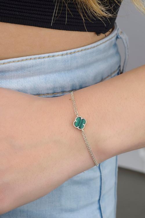 925 Ayar Gümüş Yeşil Malakit Doğal Taşlı Yonca Şans Gümüş Bileklik