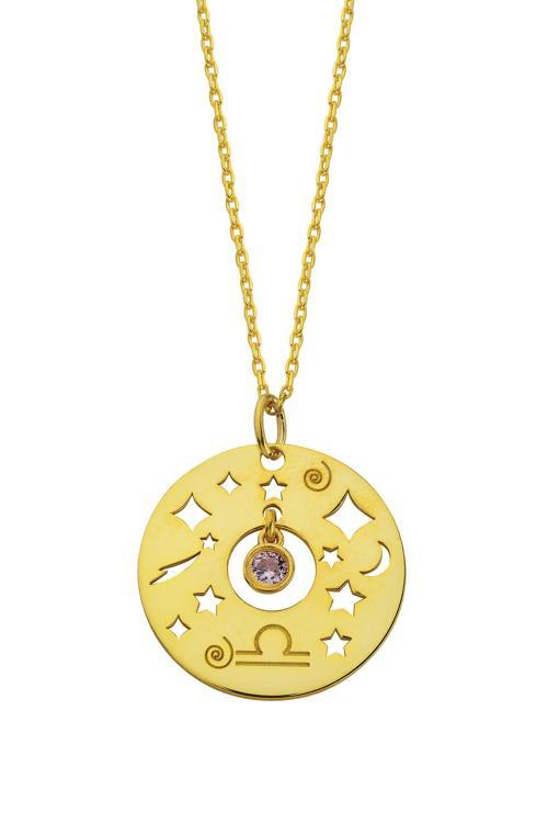 925 Ayar Gümüş Terazi Burç (23 Eylül-22 Ekim) Zirkon Taşlı Tasarım 14 Ayar Altın Kaplama Kolyeler