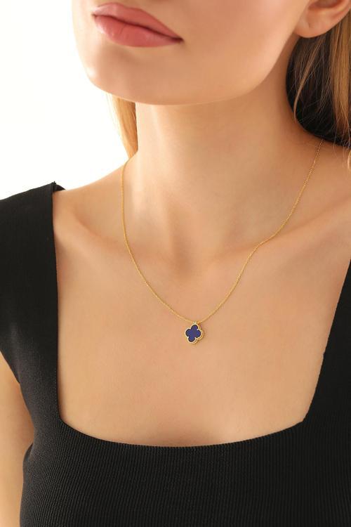 Yonca Şans Model Lacivert Taşlı Tasarım 14 Ayar Altın Kaplama (10 Mm) 925 Ayar Kolyeler