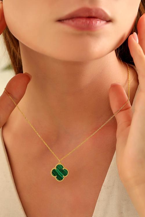 Yeşil Çizgili Malakit Desen Doğal Taş Yonca Şans 16 Mm 925 Ayar Kolyeler