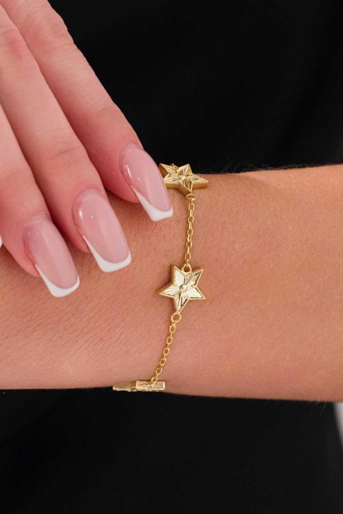 Yıldız 3 Motifli Parıltılı Zarif Tasarım Lazer Kalemli İşleme Özel Seri 925 Ayar Gümüş Bileklik