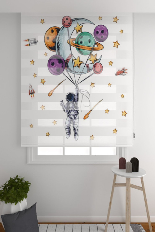 Zebra Perde Astronut Ve Gezegenler Desenli Çocuk Odası Zebra Perde Baskılı Zebra Perde