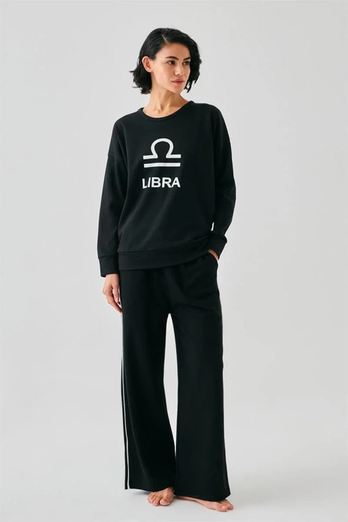 Kadın Siyah Terazi Burcu Oversize 2 İplik Eşofman Ev Giyim Takımı