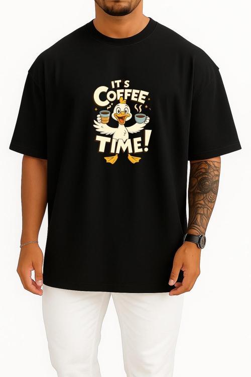 Oversize Kahve Zamanı - İt S Coffee Time Göğüs Baskılı Unisex T-Shirt