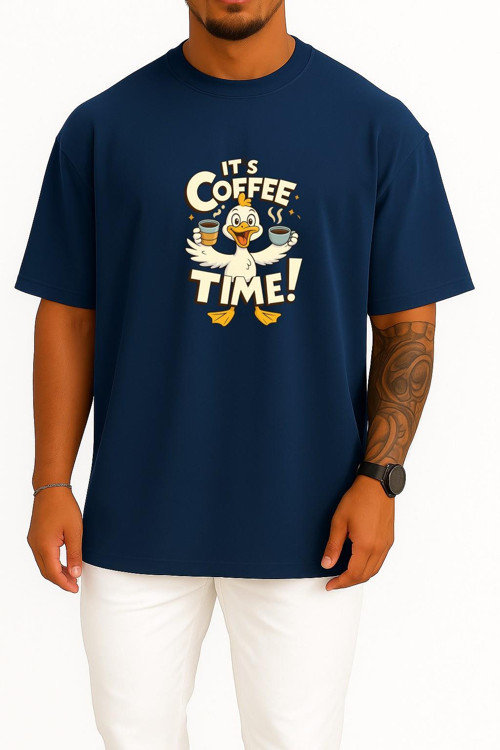 Oversize Kahve Zamanı - İt S Coffee Time Göğüs Baskılı Unisex T-Shirt