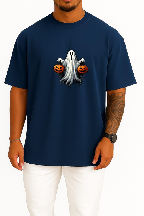 Oversize Hallowen Ve Ghost Göğüs Baskılı Unisex T-Shirt
