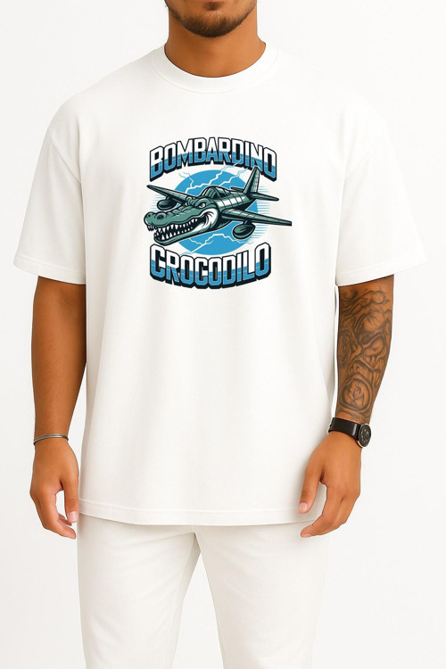 Oversize Bombardino Crocodilo Göğüs Baskılı Unisex T-Shirt