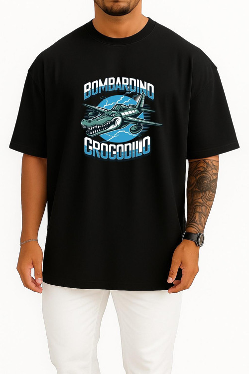 Oversize Bombardino Crocodilo Göğüs Baskılı Unisex T-Shirt