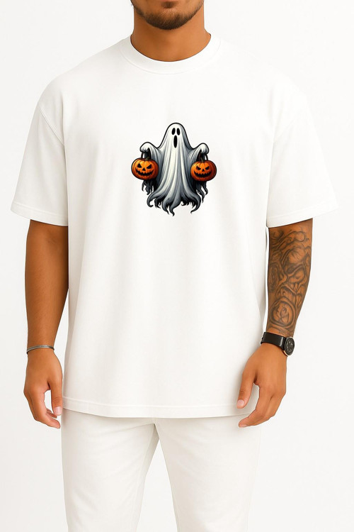 Oversize Hallowen Ve Ghost Göğüs Baskılı Unisex T-Shirt