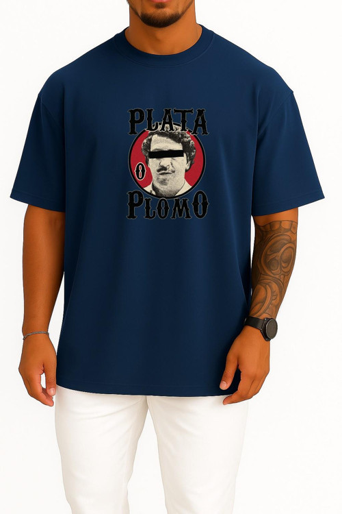 Oversize Plata O Plomo Escobar Göğüs Baskılı Unisex T-Shirt