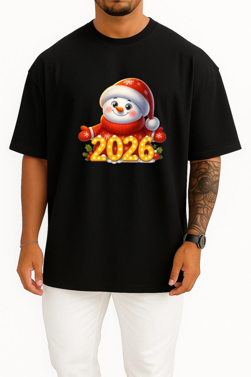 Oversize 2026 Yeni Yıl Yılbaşı Göğüs Baskılı Unisex T-Shirt