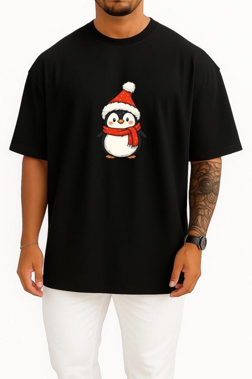 Oversize Yılbaşı Penguen Christmas Göğüs Baskılı Unisex T-Shirt