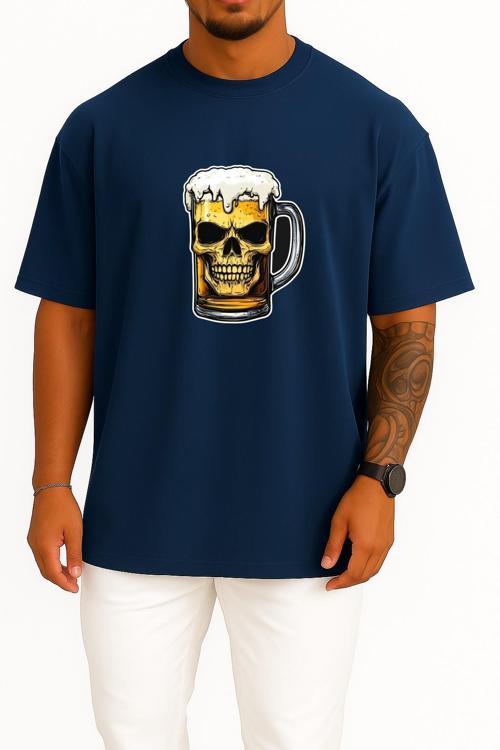 Oversize Foamy Skull Beer Göğüs Baskılı Unisex T-Shirt