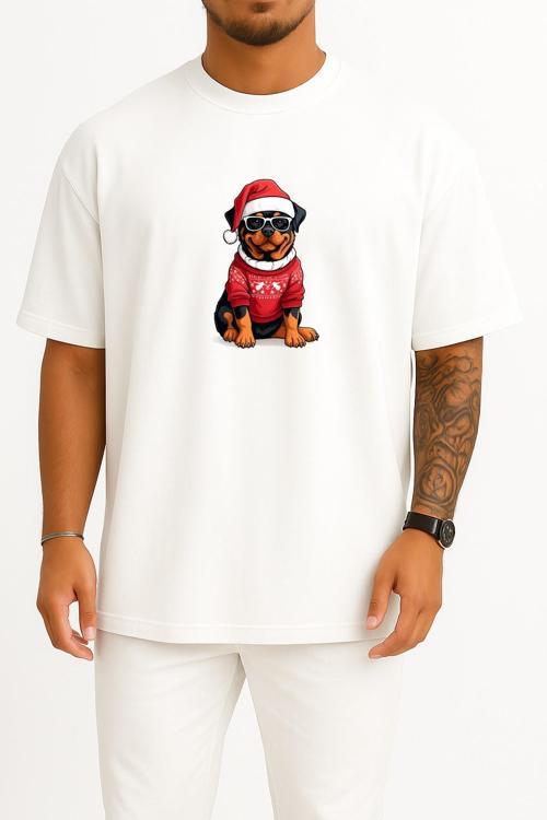 Oversize Yılbaşı Yeni Yıl Köpek Göğüs Baskılı Unisex T-Shirt