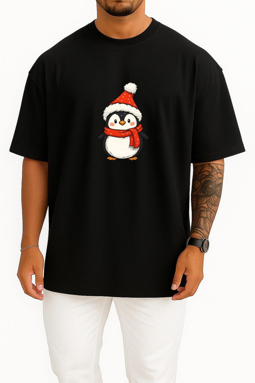 Oversize Yılbaşı Penguen Christmas Göğüs Baskılı Unisex T-Shirt