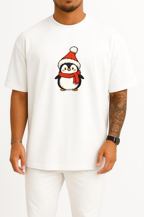 Oversize Yılbaşı Penguen Christmas Göğüs Baskılı Unisex T-Shirt