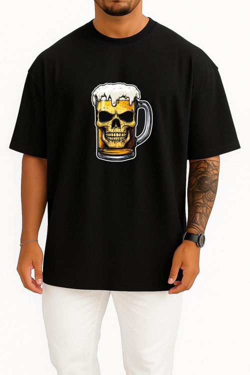 Oversize Foamy Skull Beer Göğüs Baskılı Unisex T-Shirt