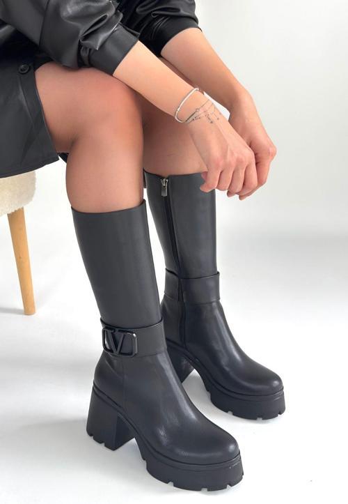 Moki Siyah Cilt Topuklu Çizme