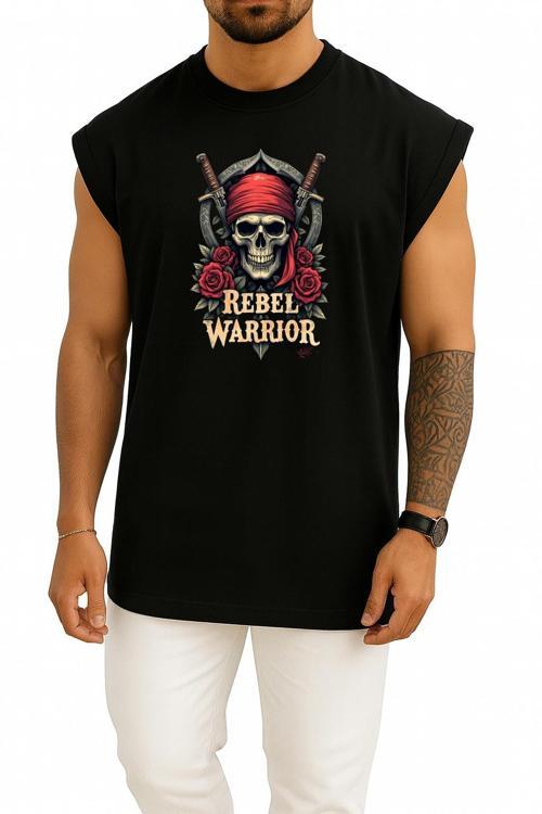 Oversize Rebel Warrior Skull Göğüs Baskılı Atlet