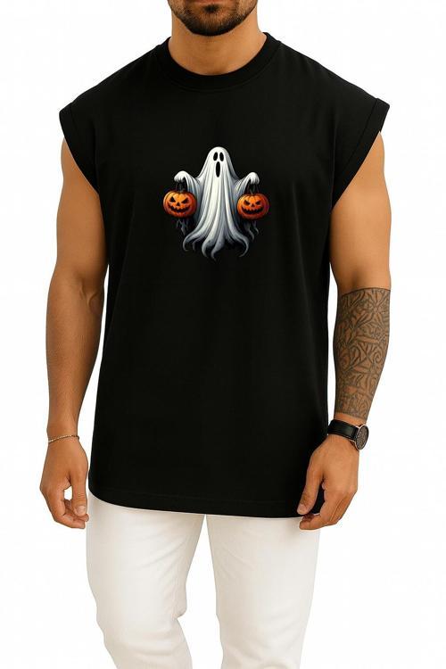 Oversize Hallowen Ve Ghost Göğüs Baskılı Atlet
