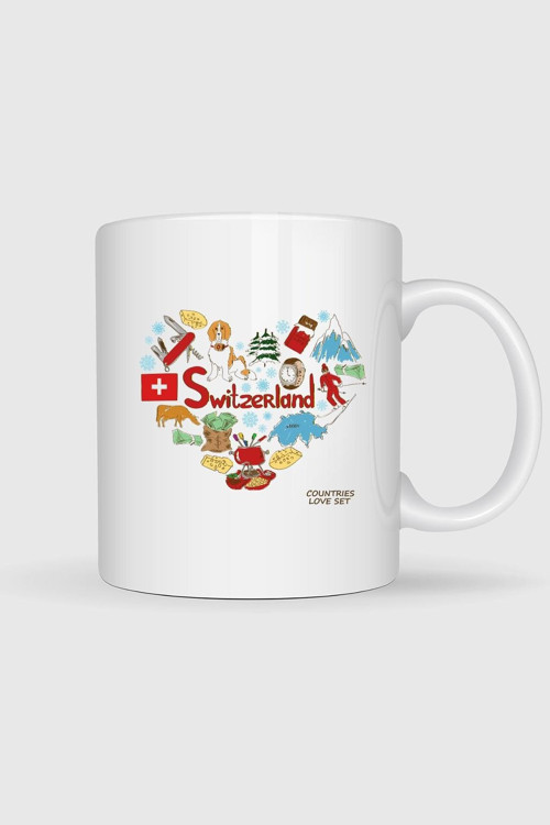 İsviçre Ülkesi Ve Kalp Logo Baskılı Kupa Bardak