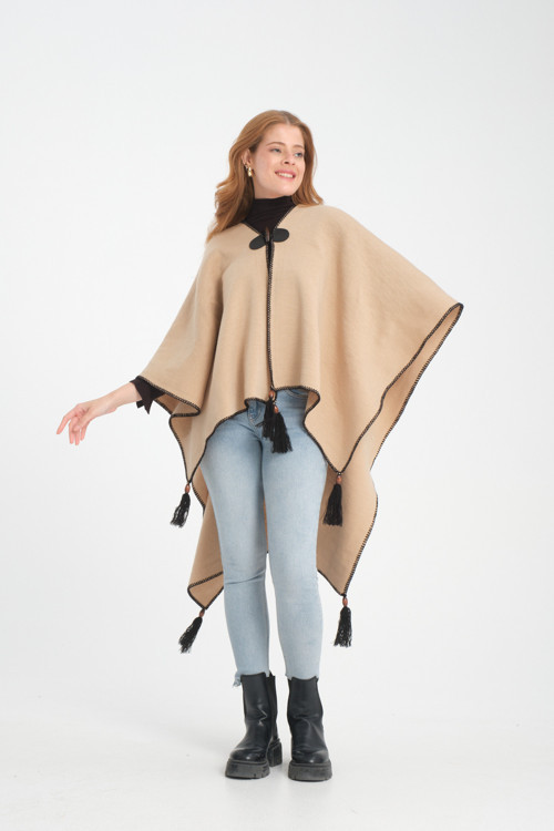 Düz Triko Düğme Detaylı Şık Tasarımlı Panço, Düz İnterlok, Panço, Düz Desensiz Şal Panço, Panço