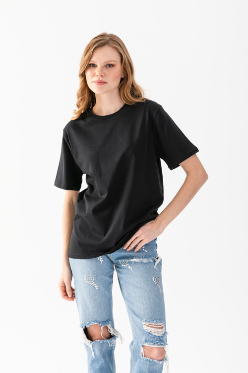 T-Shirt, Kısa Kollu Oversize T-Shirt, Pamuklu Siyah Bisiklet Yaka Oversize Tişört, Kadın Tişört.