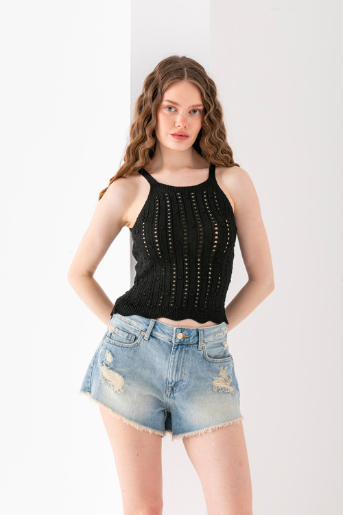 Delkili Desenli Örme Askılı Crop Bluz Halter Yaka, Delikli Yazlık Model, Pamuklu, Crop,